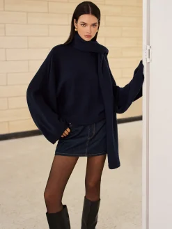 Clearance Plain Loose Sweater With Scarf Sweater Tops|Sweaters & Cardigans