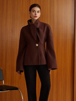 Hot Plain Metal-Button Coat With Scarf Outerwear|Coats