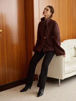 Hot Plain Metal-Button Coat With Scarf Outerwear|Coats