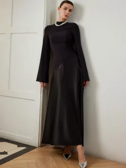 Discount Plain Mock Neck Slim Panel Dress Black Dresses|Casual Dresses
