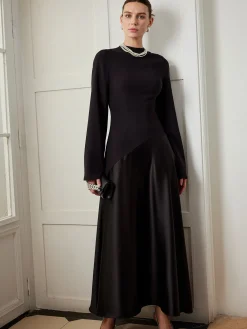Discount Plain Mock Neck Slim Panel Dress Black Dresses|Casual Dresses