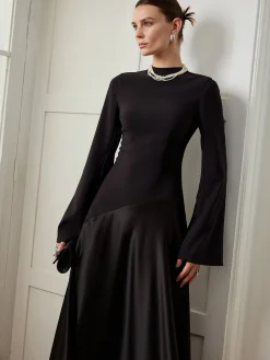 Discount Plain Mock Neck Slim Panel Dress Black Dresses|Casual Dresses