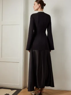 Discount Plain Mock Neck Slim Panel Dress Black Dresses|Casual Dresses