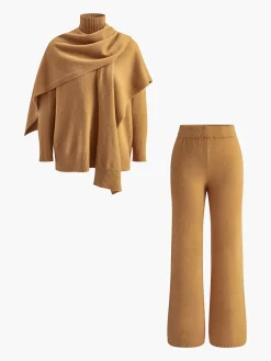 Outlet Plain Mock Neck Three-Piece Sweater Pants Set Knitwear|Tops