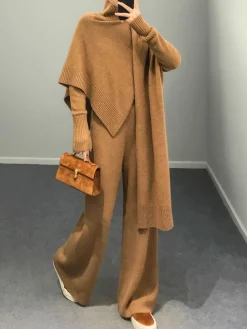 Outlet Plain Mock Neck Three-Piece Sweater Pants Set Knitwear|Tops