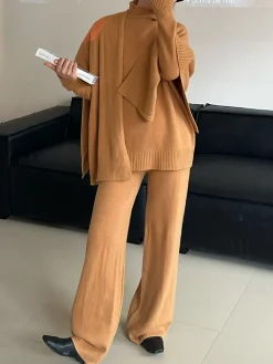 Outlet Plain Mock Neck Three-Piece Sweater Pants Set Knitwear|Tops