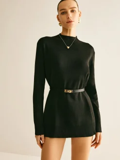 New Plain Mock Neck Versatile Belted Sweater Sweater Tops|Sweaters & Cardigans