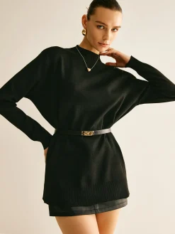 New Plain Mock Neck Versatile Belted Sweater Sweater Tops|Sweaters & Cardigans