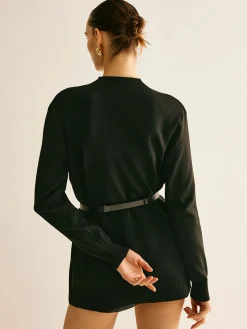 New Plain Mock Neck Versatile Belted Sweater Sweater Tops|Sweaters & Cardigans