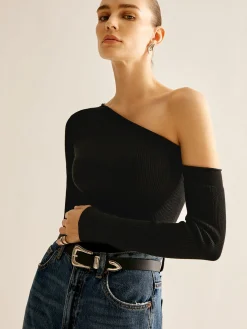 Hot Plain One-Shoulder Knit Top Sweater Tops|Sweaters & Cardigans