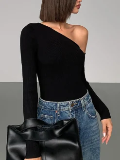 Hot Plain One-Shoulder Knit Top Sweater Tops|Sweaters & Cardigans
