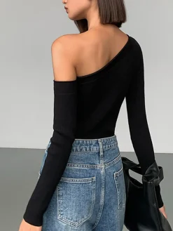 Hot Plain One-Shoulder Knit Top Sweater Tops|Sweaters & Cardigans