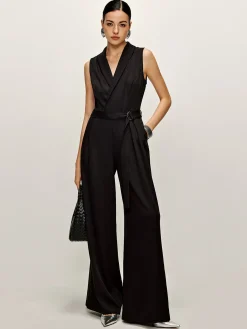 Online Plain Panel Sleeveless Belted Jumpsuit Black Dresses|Jumpsuits & Rompers