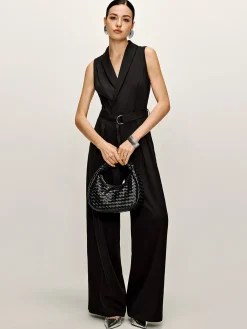 Online Plain Panel Sleeveless Belted Jumpsuit Black Dresses|Jumpsuits & Rompers