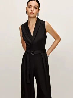 Online Plain Panel Sleeveless Belted Jumpsuit Black Dresses|Jumpsuits & Rompers
