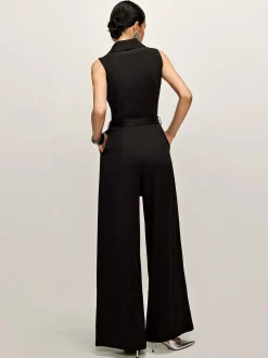 Online Plain Panel Sleeveless Belted Jumpsuit Black Dresses|Jumpsuits & Rompers