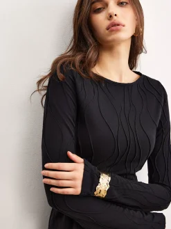 Outlet Plain Piping Jersey Dress Black Dresses|Casual Dresses