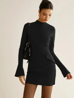 Outlet Plain Piping Short Dress Black Dresses|Casual Dresses
