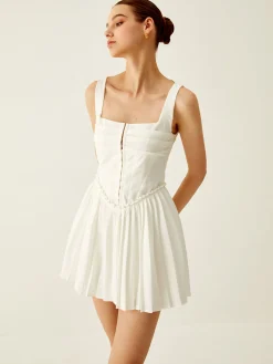 Outlet Plain Pleated Cami Short Dress White Dresses|Casual Dresses