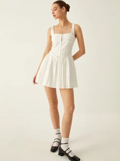 Outlet Plain Pleated Cami Short Dress White Dresses|Casual Dresses