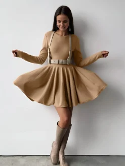 New Plain Pleated Sweater Short Dress White Dresses|Black Dresses