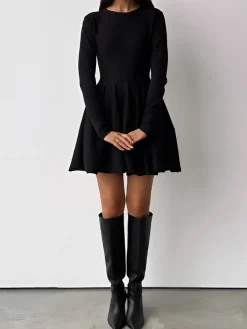 New Plain Pleated Sweater Short Dress White Dresses|Black Dresses