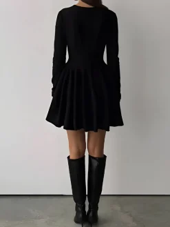 New Plain Pleated Sweater Short Dress White Dresses|Black Dresses