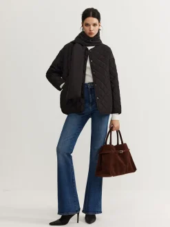 Online Plain Quilted Button Winter Coat With Scarf Outerwear|Tops