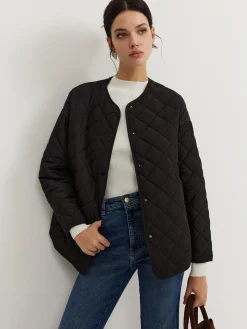 Online Plain Quilted Button Winter Coat With Scarf Outerwear|Tops