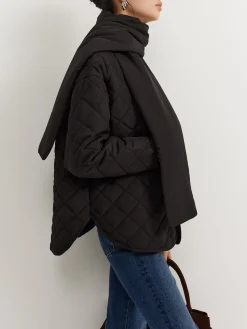 Online Plain Quilted Button Winter Coat With Scarf Outerwear|Tops