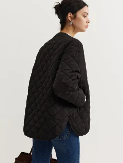 Online Plain Quilted Button Winter Coat With Scarf Outerwear|Tops