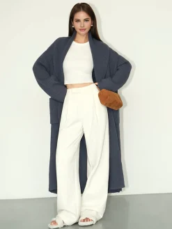 Plain Ribbed Pockets Long Cardigan Cardigans|Sweaters & Cardigans