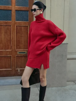 Sale Plain Ribbed Split Sweater Skirt Set Skirt Sets|Long Sleeve Sets