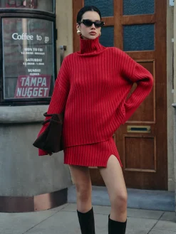 Sale Plain Ribbed Split Sweater Skirt Set Skirt Sets|Long Sleeve Sets