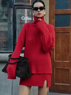 Sale Plain Ribbed Split Sweater Skirt Set Skirt Sets|Long Sleeve Sets