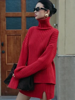 Sale Plain Ribbed Split Sweater Skirt Set Skirt Sets|Long Sleeve Sets