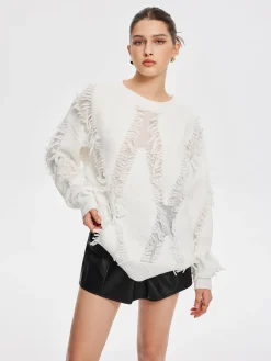Outlet Plain Ripped Tassel Sweater Sweater Tops|Sweaters & Cardigans