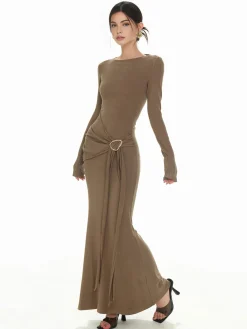 Hot Plain Ruched Slim Knit Dress Sweater Dresses|Casual Dresses