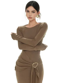 Hot Plain Ruched Slim Knit Dress Sweater Dresses|Casual Dresses