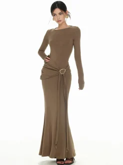 Hot Plain Ruched Slim Knit Dress Sweater Dresses|Casual Dresses