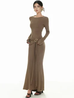 Hot Plain Ruched Slim Knit Dress Sweater Dresses|Casual Dresses