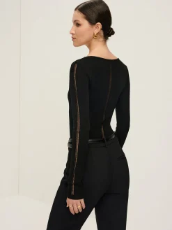 Online Plain Sheer Piping Knit Top Sweater Tops|Sweaters & Cardigans