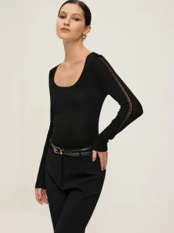 Online Plain Sheer Piping Knit Top Sweater Tops|Sweaters & Cardigans