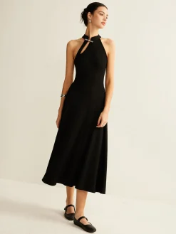 Discount Plain Sleeveless Cutout Dress Black Dresses|Casual Dresses