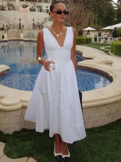 New Plain Sleeveless Midi Dress White Dresses|Casual Dresses