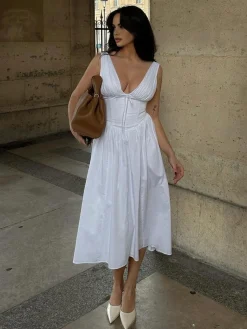 New Plain Sleeveless Midi Dress White Dresses|Casual Dresses