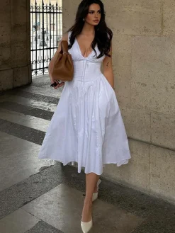 New Plain Sleeveless Midi Dress White Dresses|Casual Dresses