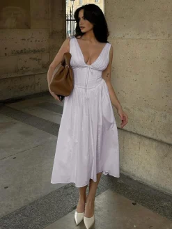 New Plain Sleeveless Midi Dress White Dresses|Casual Dresses