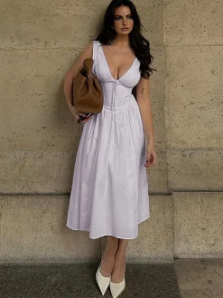 New Plain Sleeveless Midi Dress White Dresses|Casual Dresses