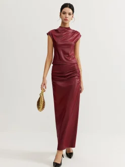 Discount Plain Sleeveless Ruched Skirt Set Skirt Sets|Long Sleeve Sets